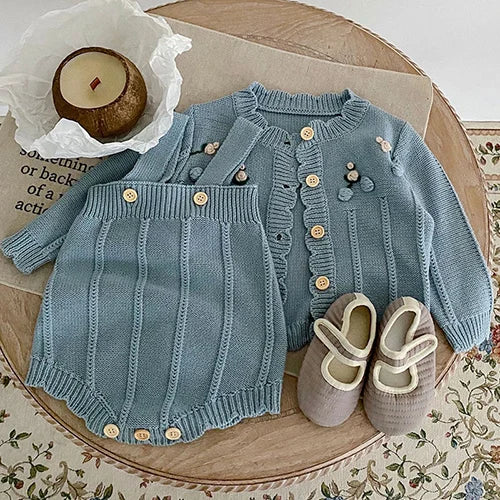 Autumn Winter Newborn Baby Girls Knitting Clothing Set Floral Embroidery Cardigan+Jumpsuit Infant Baby Knitted Clothes Suit