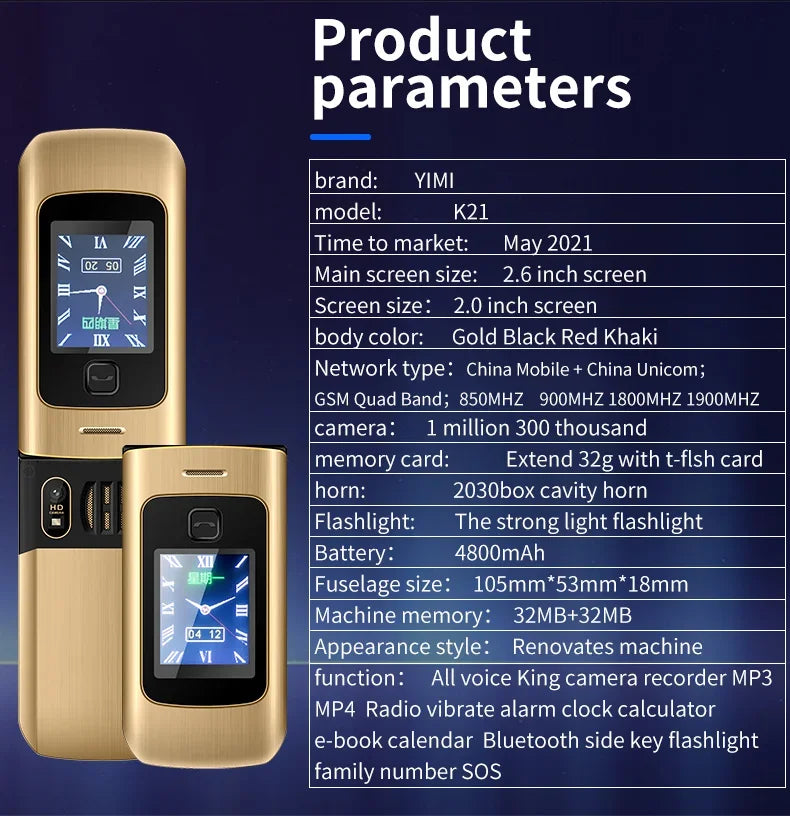 YeeMI K21+ 4G Rugged Feature Phone 2.6Inch Screen Big Button Flip Phone Dual SIM Dual Screen Cellphone 6800mAh Battery Full Band