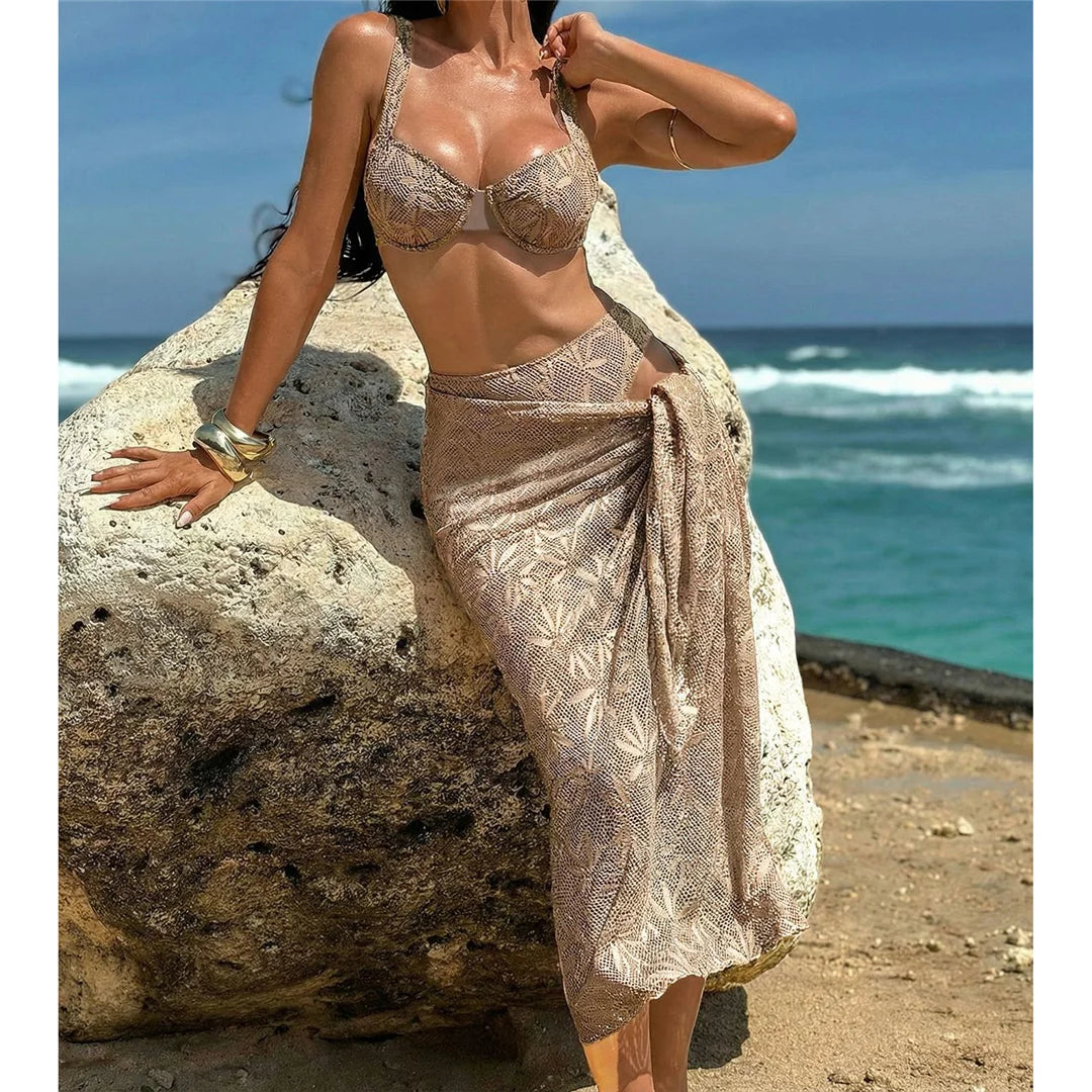 With Sarong Underwired Bikini Female Swimsuit Women Swimwear Three-Pieces Bikini Set Brazilian Bather Bathing Suit Swim V7936