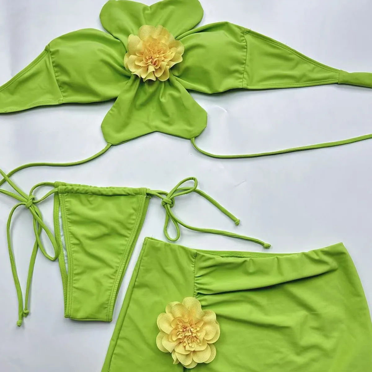 Neck Bikini with Skirt 3D Flowers Halter Bikini Female Swimsuit Women Swimwear 3 Piece Bikini Set Bather Bathing Suit Swim