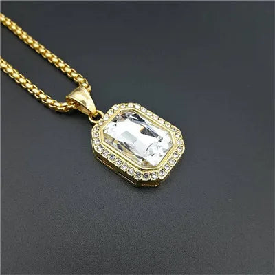 Hip Hop Iced Out Bling Square Pendant Gold Color Stainless Steel Rapper Party Necklace For Women Men Fashion Jewelry Gift 2025