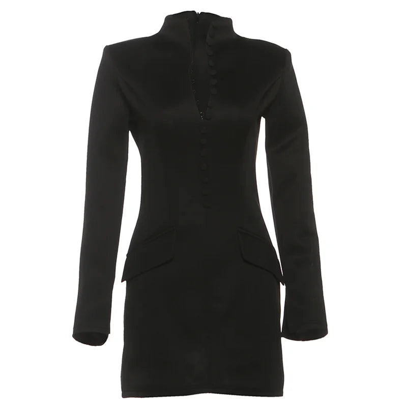 Cutenew Women Trend Elegant Office Dress Autumn Single Breasted Stand Collar Simple Solid Street Commute Skinny Suit Bodycon