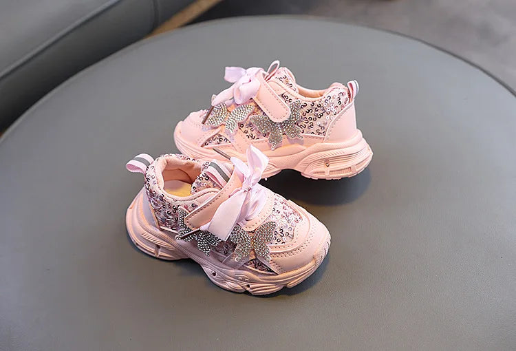 Children Shoes 2026 New Spring Toddler Girls Sport Shoes Bling Bling Soft Sole Breathable Outdoor Tennis Fashion Kids Sneakers