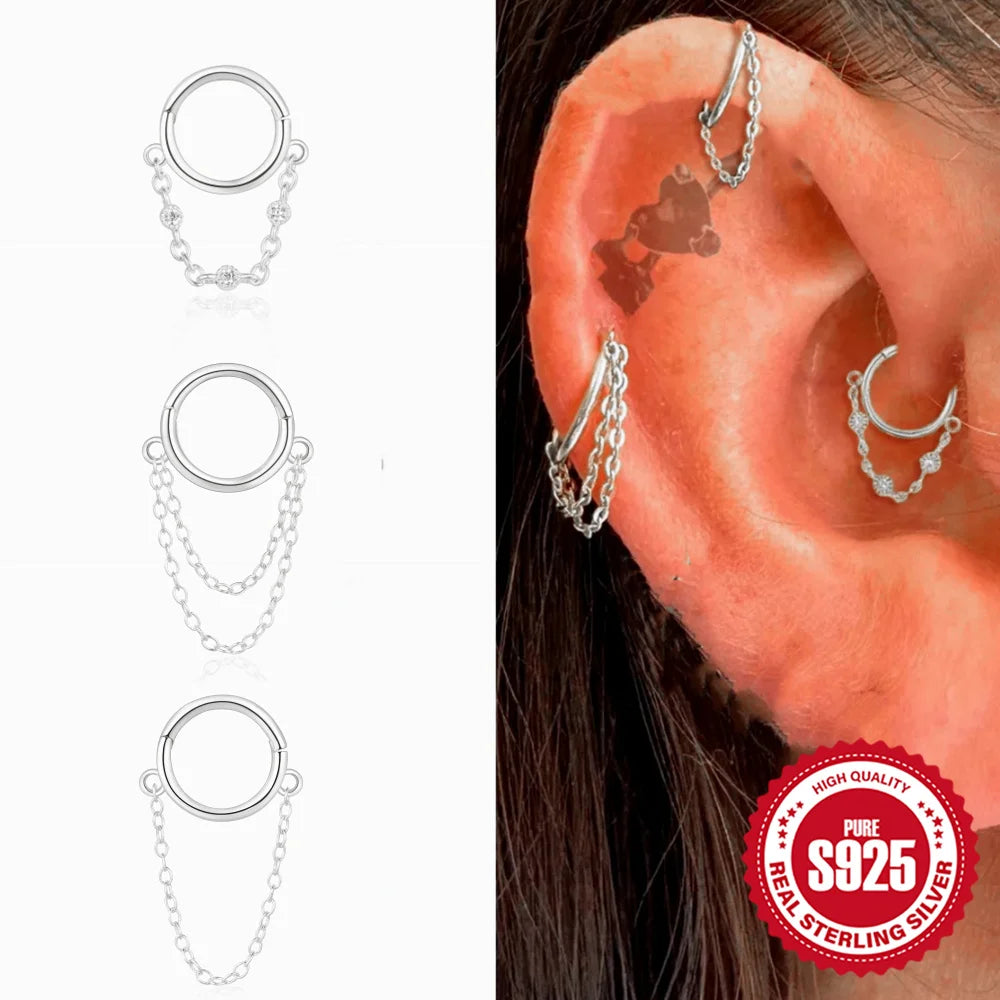 CANNER 925 Sterling Silver Simple Tassel Circle Piercing Hoop Earrings For Women's 18k Gold Ins Earrings Fine Jewelry Party Gift