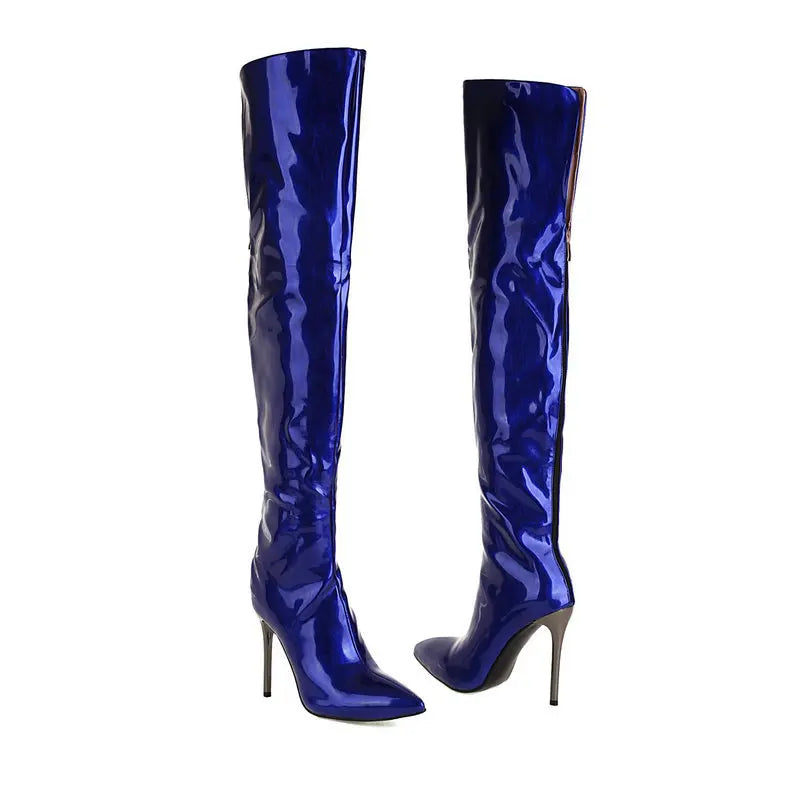 Long Boots for Women Dark Blue Pointed Toe Metal Stiletto Heel Patent Leather Over-the-Knee Female Shoes Large Size Short Plush