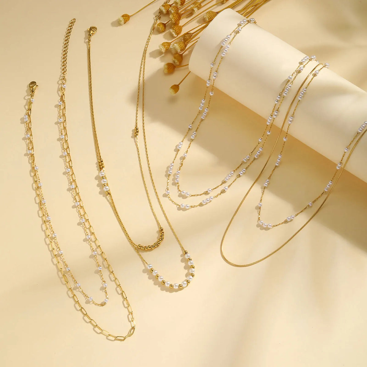 Pearl Choker Necklaces For Women, Double Layered Pearls Chain Necklace, Minimalist Stainless Steel Wedding Jewelry