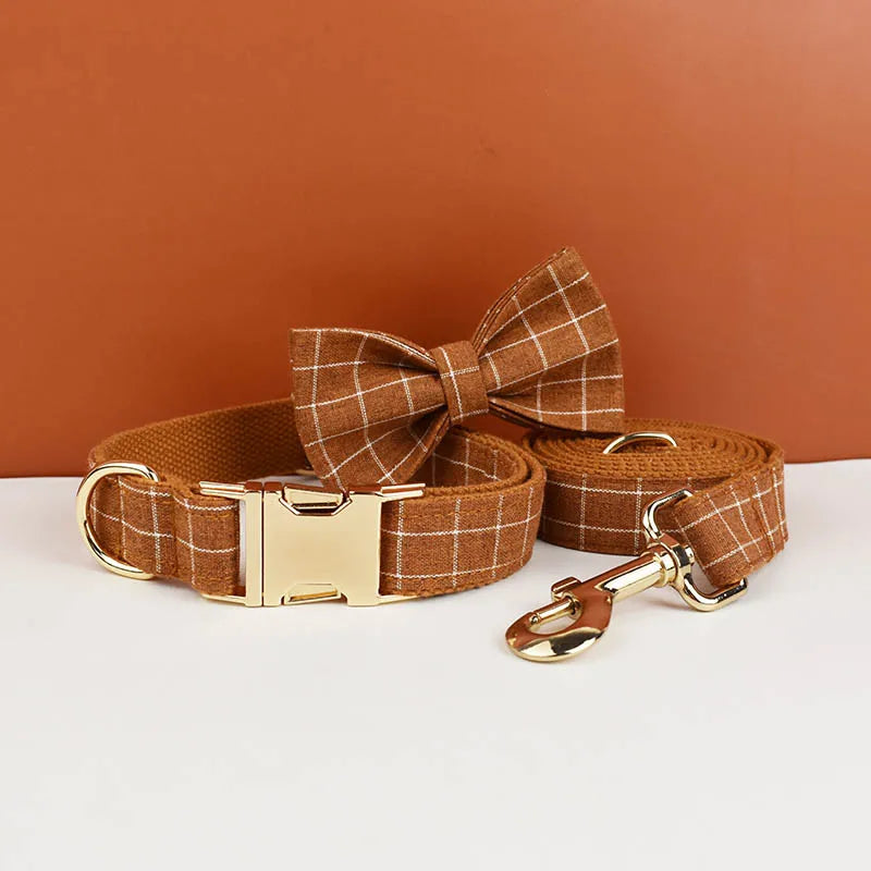 Plaid Dog Collar Designer With Bow Tie Custom Dog Accessories Luxury Pet collar leash set