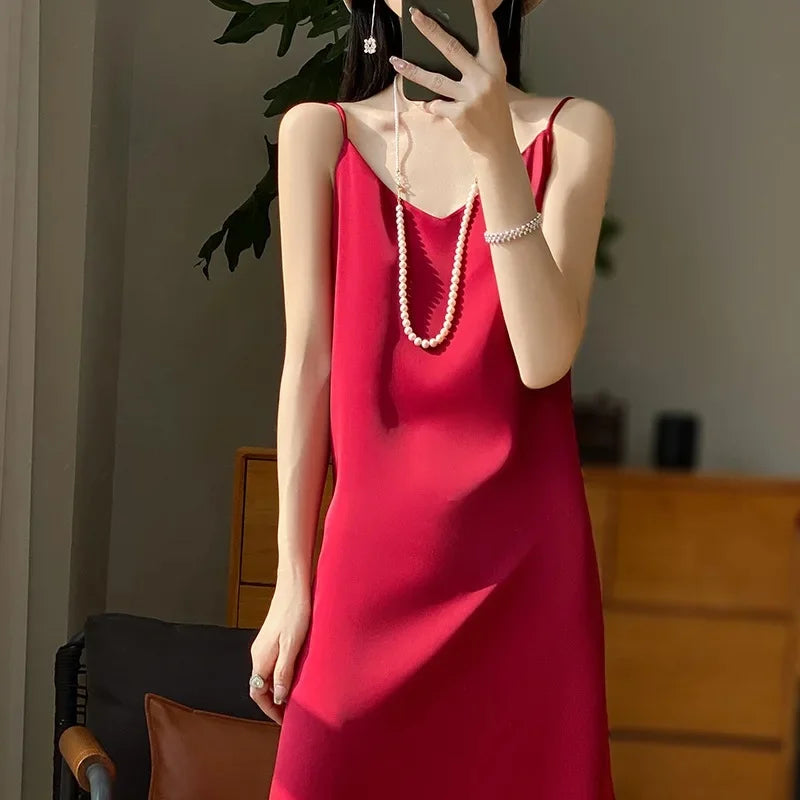Silk V-neck Slim-fit Satin Dress Sexy Strap Long Gown for Women New 2025 Spring Summer Inner Wear Dress Elegant Lady Dress