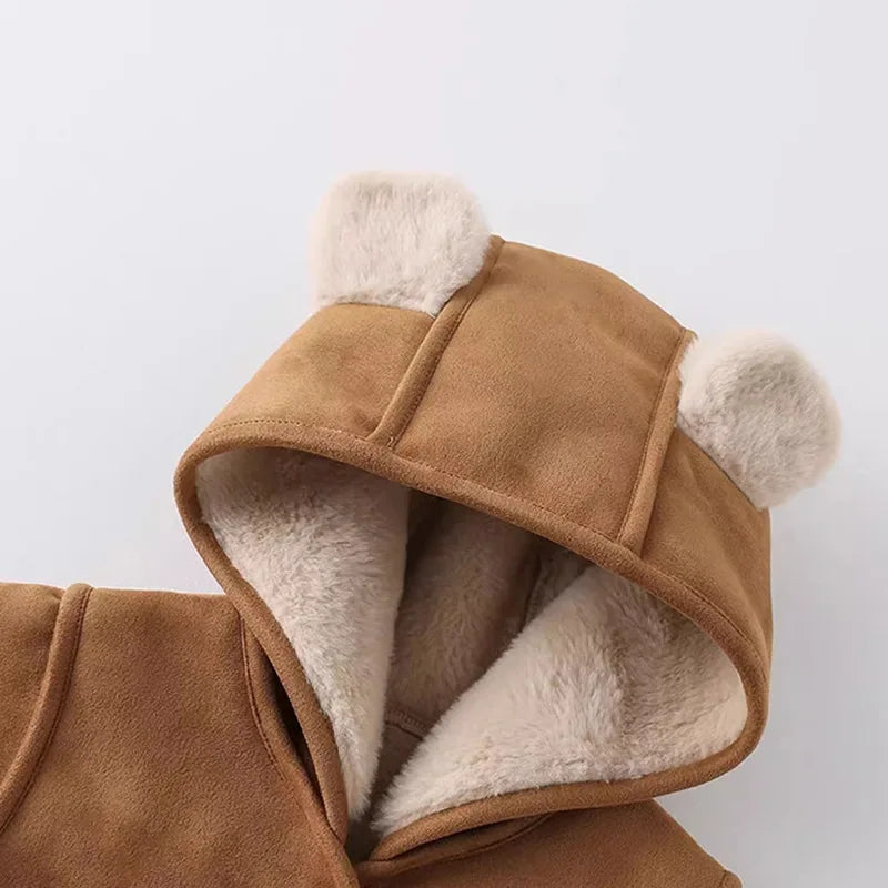 Korean Baby Winter Romper Vintage Thick Sherpa-Lined Hooded Jumpsuit Boys Girls Warm Infant Crawling Suit