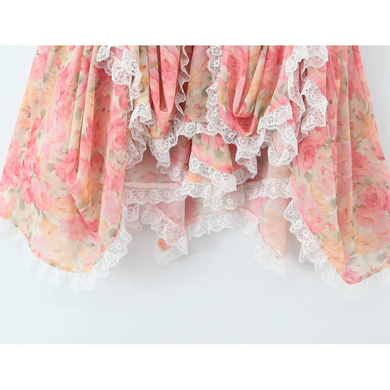 YENKYE Sexy Sling Floral Print Boho Beach Dress Women New 226  Lace Trim  Irregular Hem Holiday Summer Dresses Short Robe