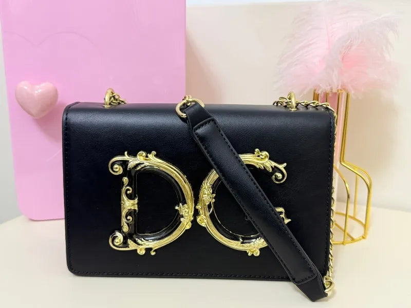 Trendy Letter Logo Chain Bag for Women 2025 - Cute Small Shoulder Sling Purse for Party, Date, Shopping - Black Fashion Handbag