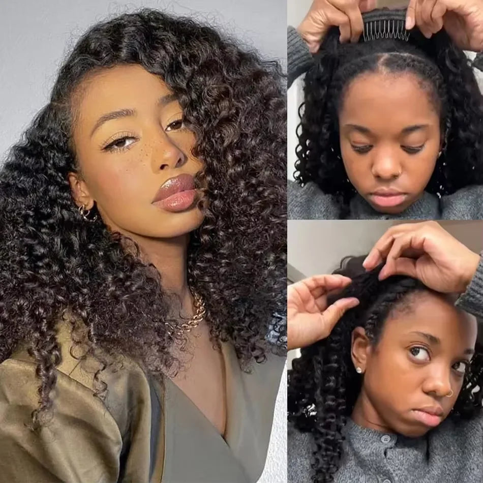 Deep Wave 3 In 1 Half Wig 100% Human Hair Glueless Curly Wigs Ready to Wear Seamless Flip Over Half Wig With Drawstring Clip Ins
