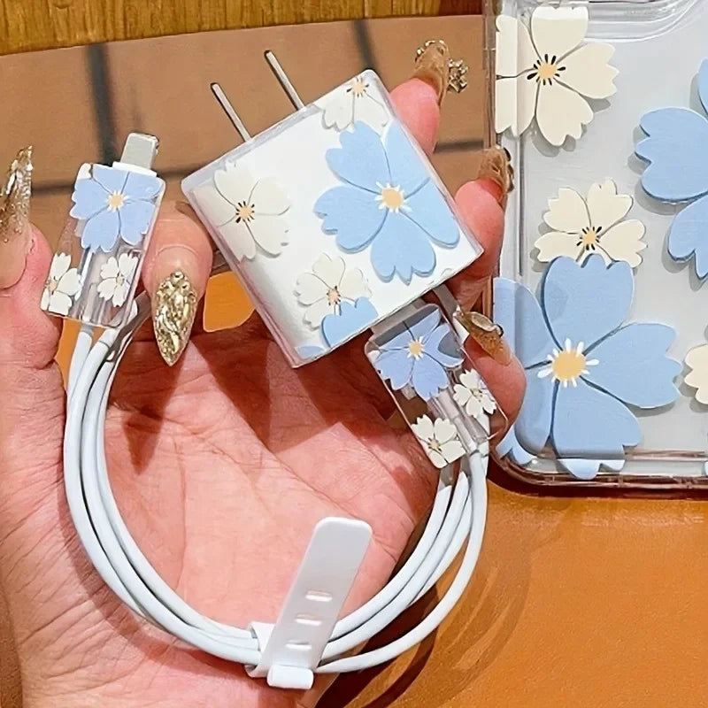 Fashion Flowers Print Charging Data Cable Protector Case For iPhone 18W 20W Charger Protective Cover Winder Accessories Sleeve