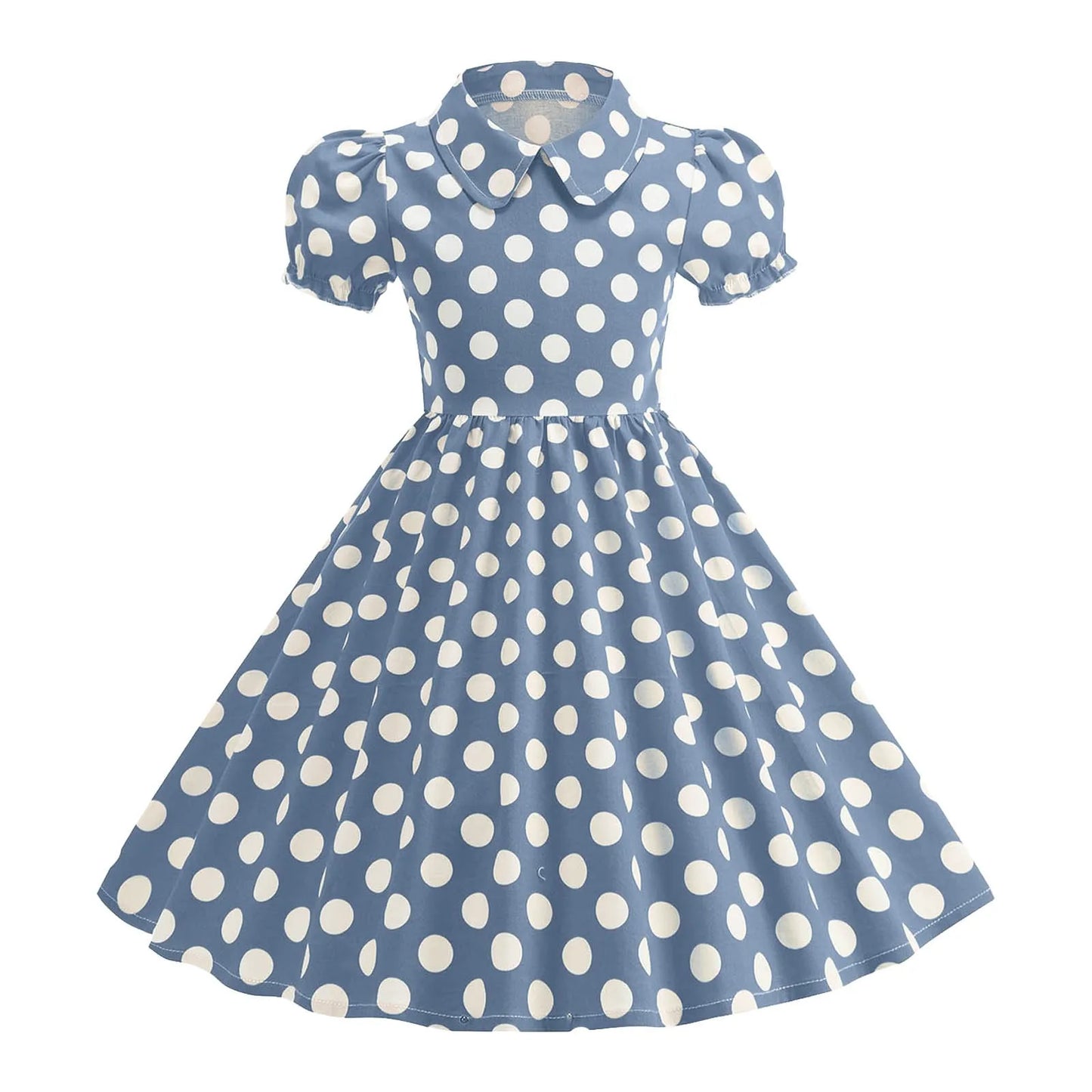 Girls Vintage Polka Dot Summer Dresses Elegant 50s Turn Down Collar Short Sleeve Princess Cocktail Dress Children'S Clothing