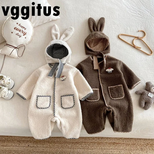 New Autumn Winter Baby Girl Boy Romper with Bunny Hat Cute Pocket Design Warm Infant Long Sleeve One-Piece Jumpsuit B5066