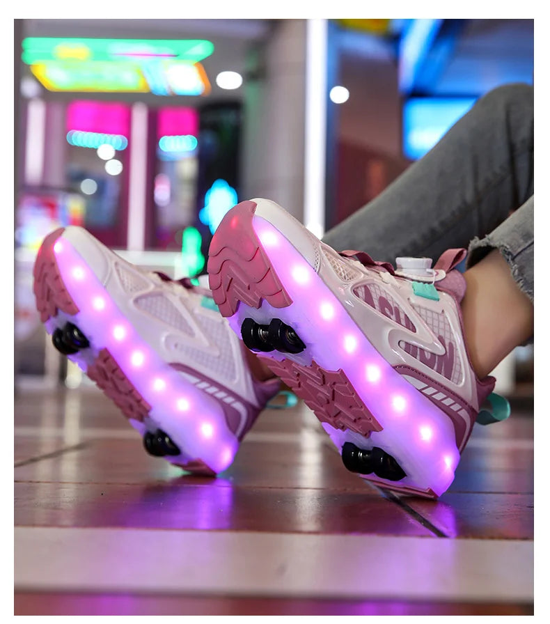 Children's Roller Skate Shoes 4-Wheels Removable Wheeled Rolling Shoes for Kids with LED Light Inline Skate Sneaker