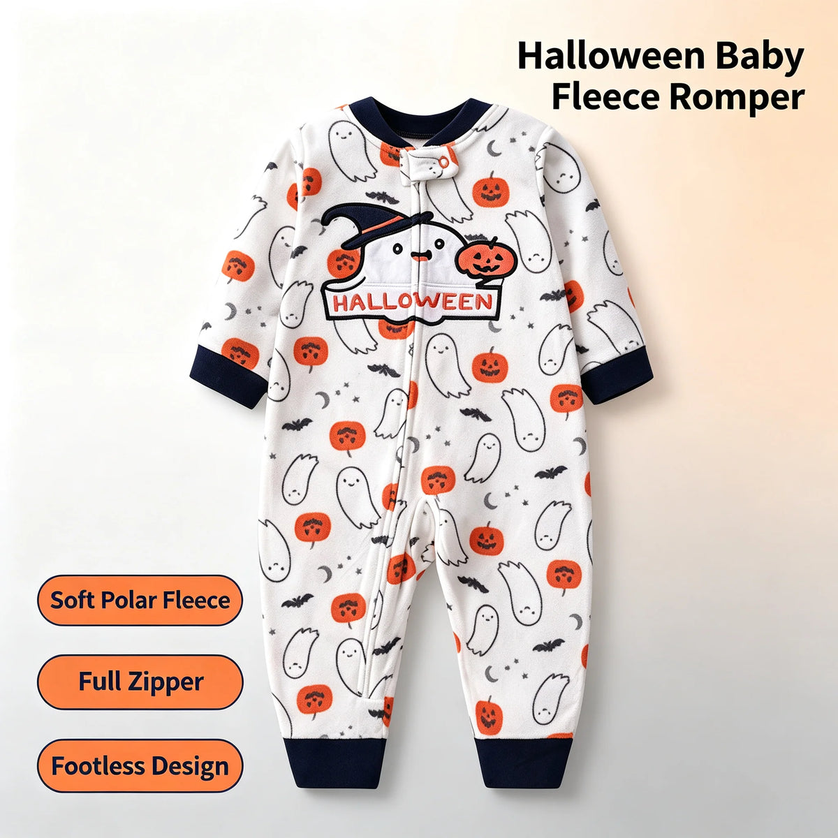 Halloween Baby Romper Polar Fleece Long Sleeve Full Zipper Infant Jumpsuit Ghost Pumpkin Print Footless Toddler Clothes 6-24M