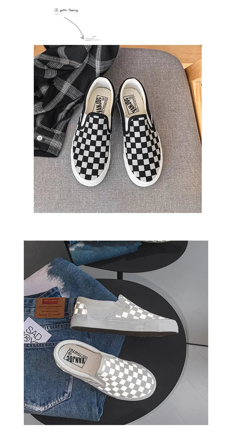 Black White Plaid Canva Women's Shoes Student Vintage Hong Kong Style Versatile Flat Shoes Korean Version Harajuku Casual
