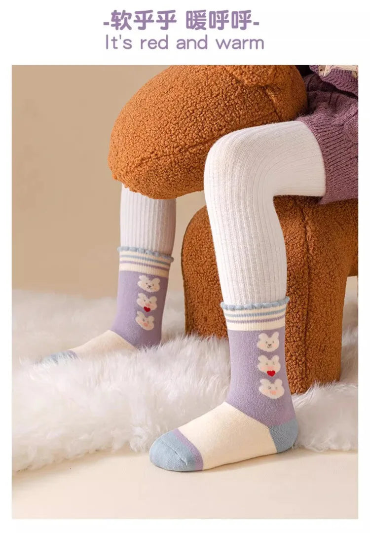 5 pairs of thick socks for girls in winter, medium to large-sized long tube looped socks with fleece added