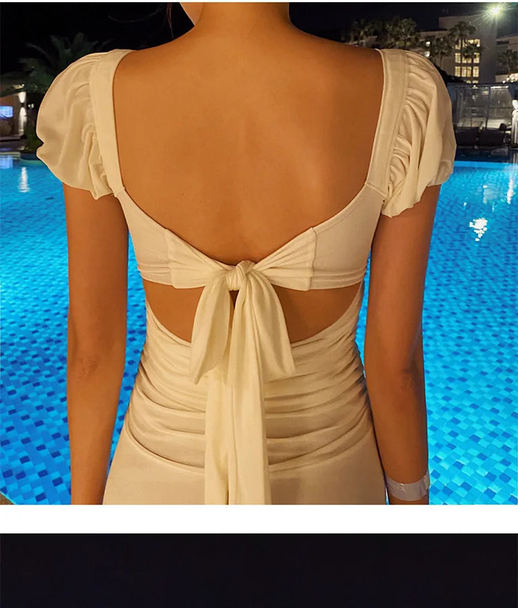 Slimming One-Piece Swimsuit Women's High-End Bubble Sleeve Square Collar Thermal Vacation Bodycon Sexy Pure Color Swimwear