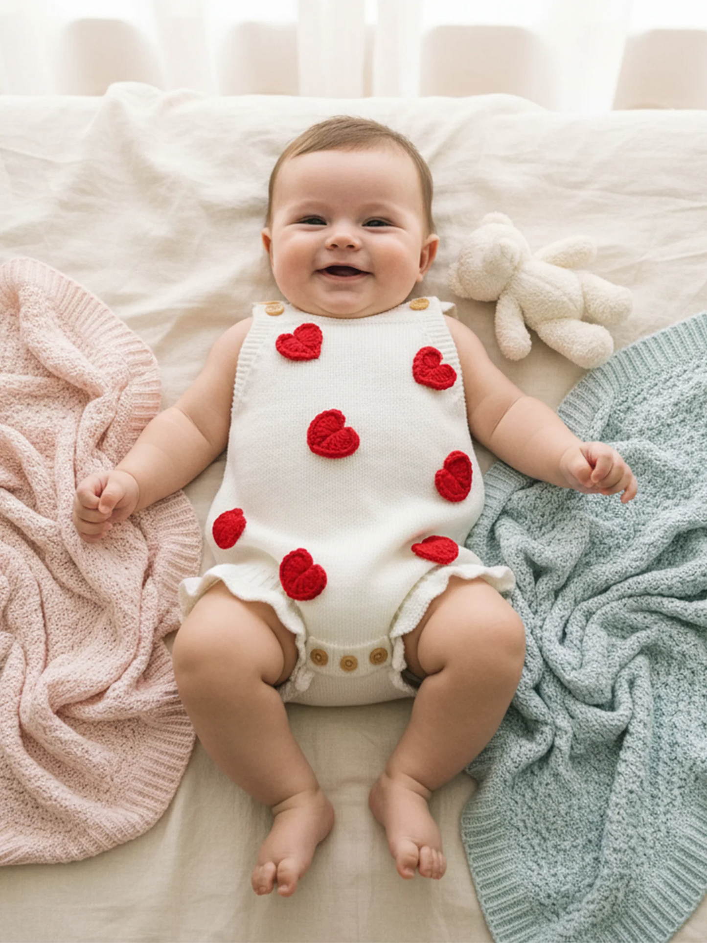 Baby Girl Valentine’s Day Romper Sleeveless Square Neck Heart Bodysuit Newborn Knit Overalls