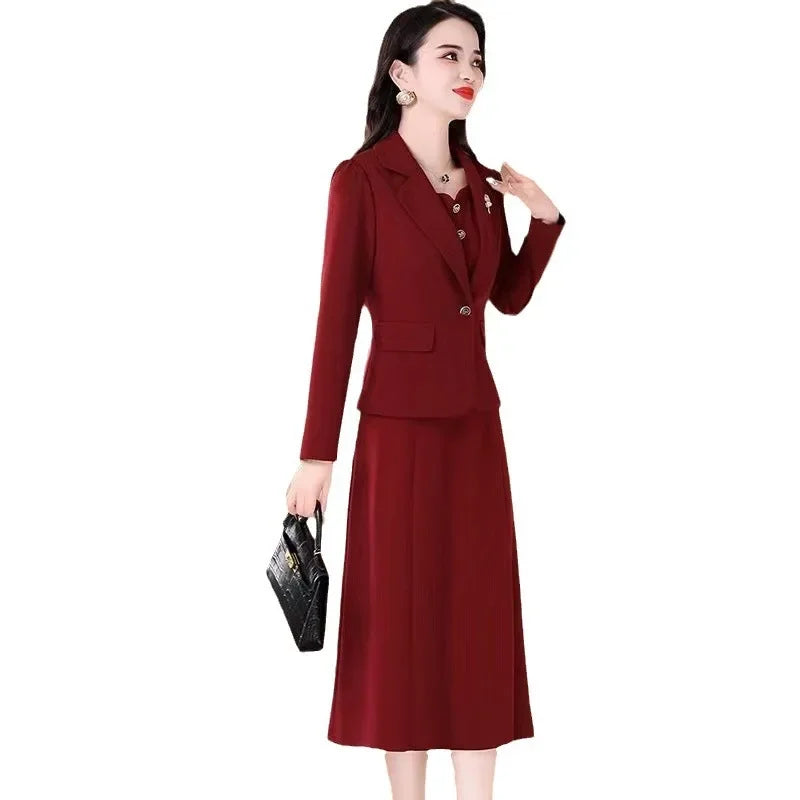 Elegant Slimming Autumn Winter Wedding Dress Set Long Ankle Length Cocktail Dresses with Suit Jacket for Wedding Banquet