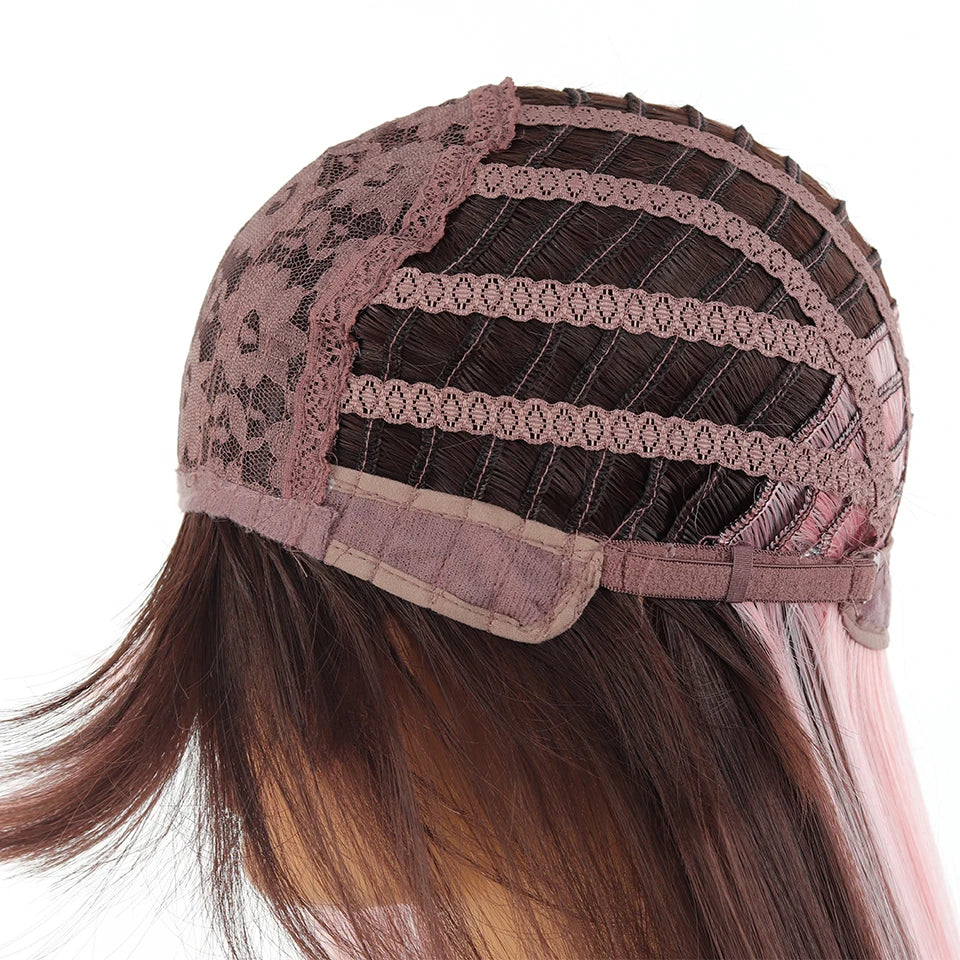 Ombre Pink Brown Wig for Women Cute Lolita Hair Wig with Bangs High Temperature Fibers Synthetic Wigs Headband Wigs for Cosplay