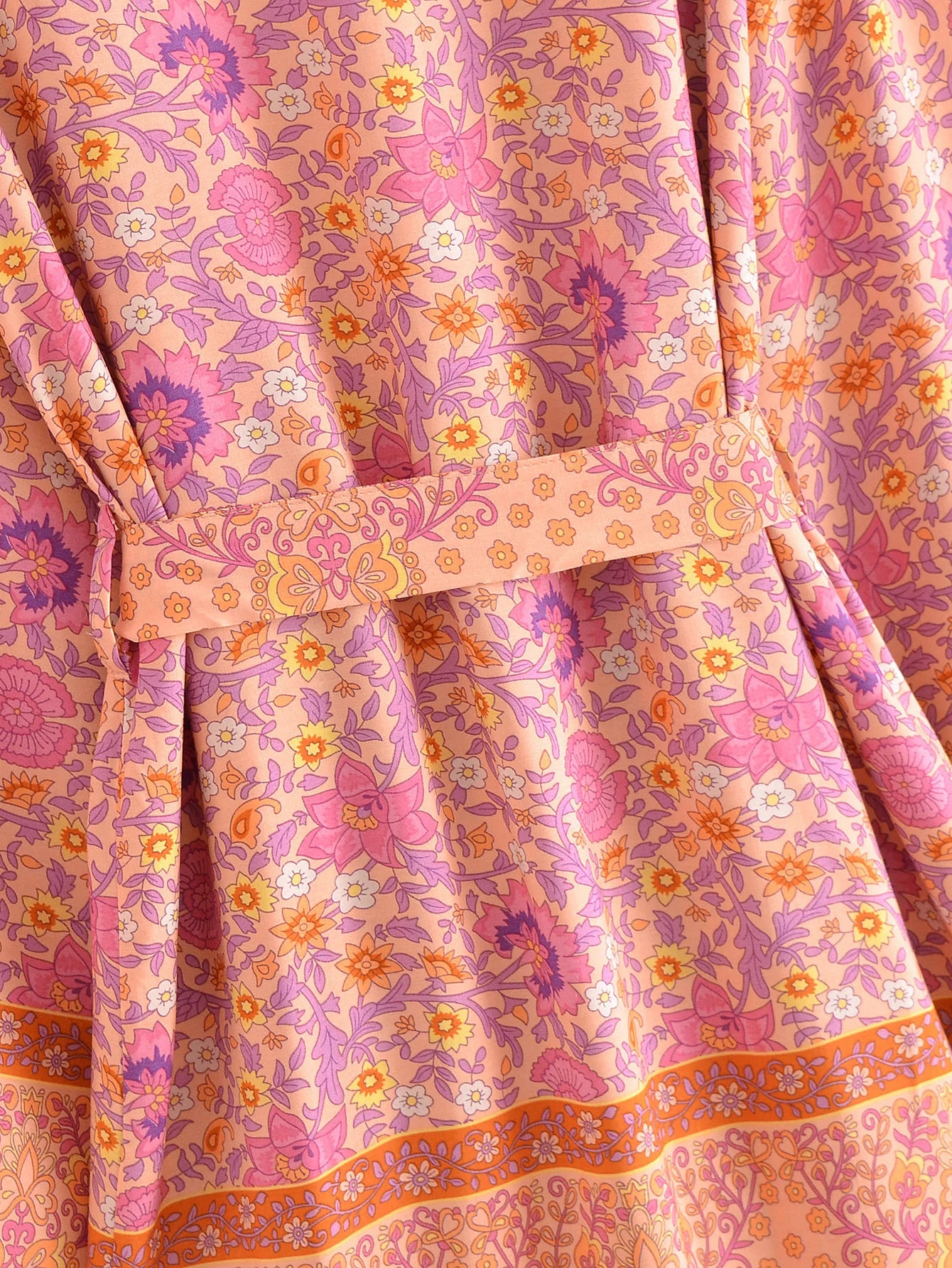 BOHO Women Blue With Pink Flower Print Kimono Shirt Holiday Tide Bow Sashes Mid Long Cardigan Summer Blouse Beach Cape