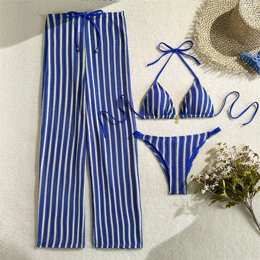 With Pants Striped Halter Bikini Female Swimsuit Women Swimwear Three-Pieces Bikini Set Brazilian Bather Bathing Suit Swim V7838