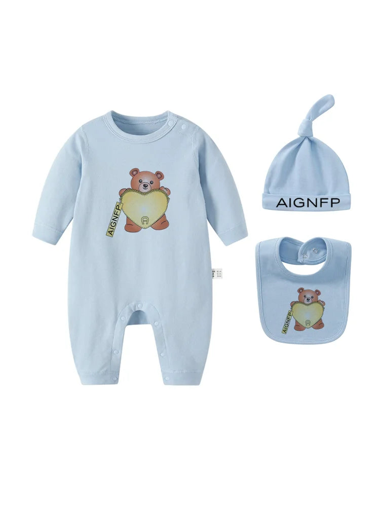 Cute Bear Jumpsuit Newborns Autumn Clothes 2025 Hot Sale New Soft Bib scarf Hat Toddler Romper Sets Baby Long sleeves Bodysuits