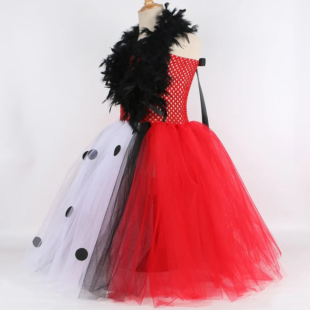 Halloween Crulla Cosplay Costume Cruella Tulle Dress Party Girls Black White Carnival Kids Cruella Wig Lace Mask Suit Clothes