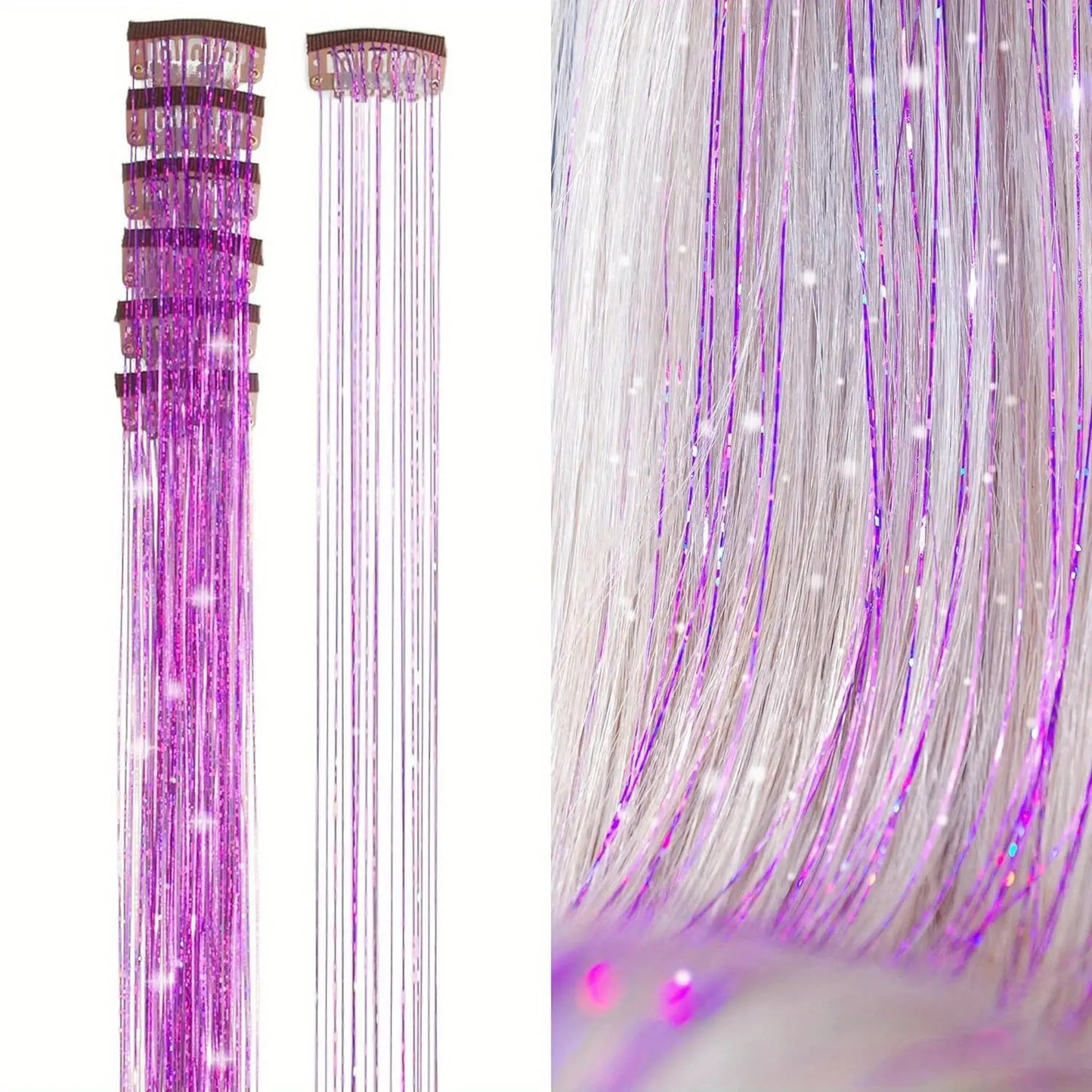 6Pcs Hair Tinsel Clip in 19.6Inch Glitter Synthetic Tinsel Hair Clip in Hair Tinsel Kit Heat Resistant Shiny Sparkle Fairy Hair