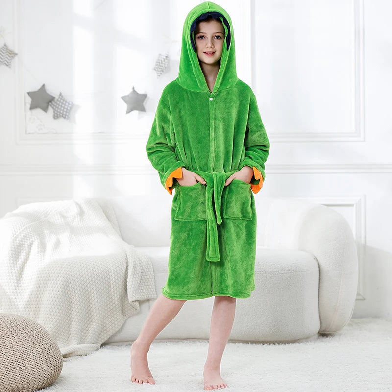 Halloween Dinosaur Bathrobes for Children 3 5 7 9 11 13 Years Kids Animal Flannel Homewear Boy Hooded Sleepwear Girls Nightgown