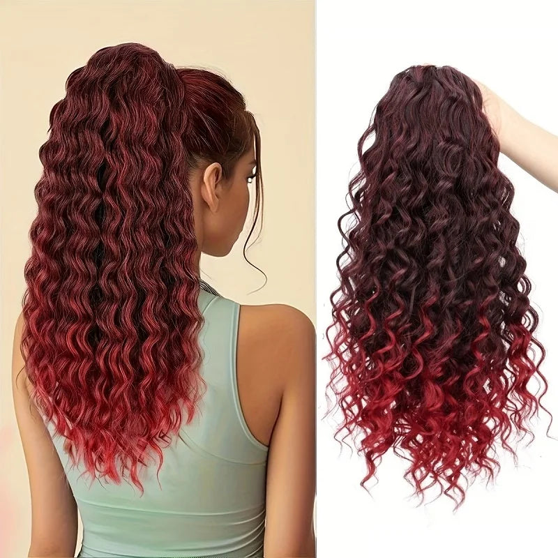 Synthetic 18Inch Long Kinky Curly Ponytail Drawstring Clip in Hair Extension Puff Afro Black Brown Hairpiece for Women