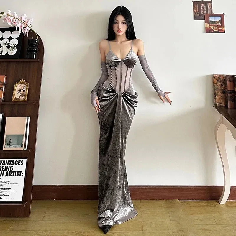 Fashion Velvet Women Camis Dress Y2K Sexy Slim Spaghetti Straps All Match Midi Dress Korean Chic Pleats Party Club Long Dress