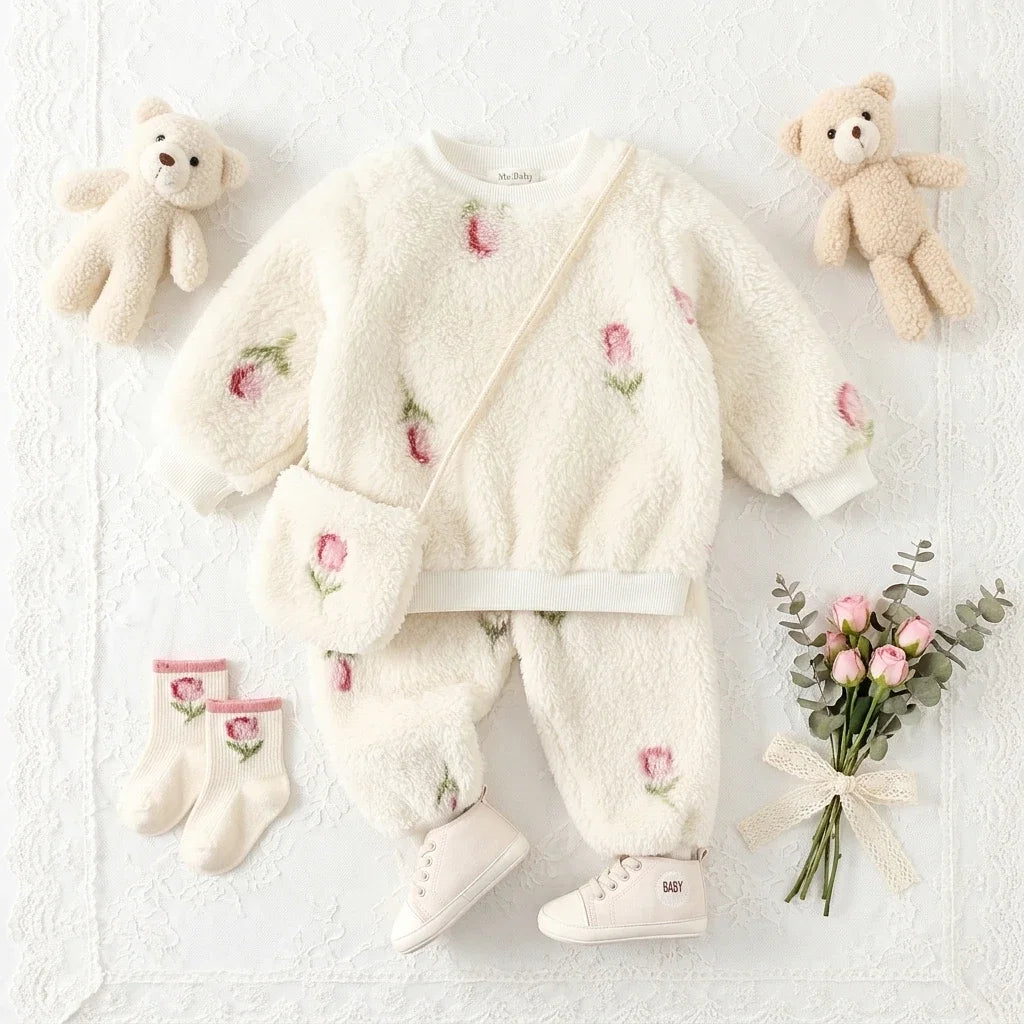 Winter Long Sleeve Baby Outfits Sets Little Kids Tops + Pants Cute Fleece Thickened Floral Clothing
