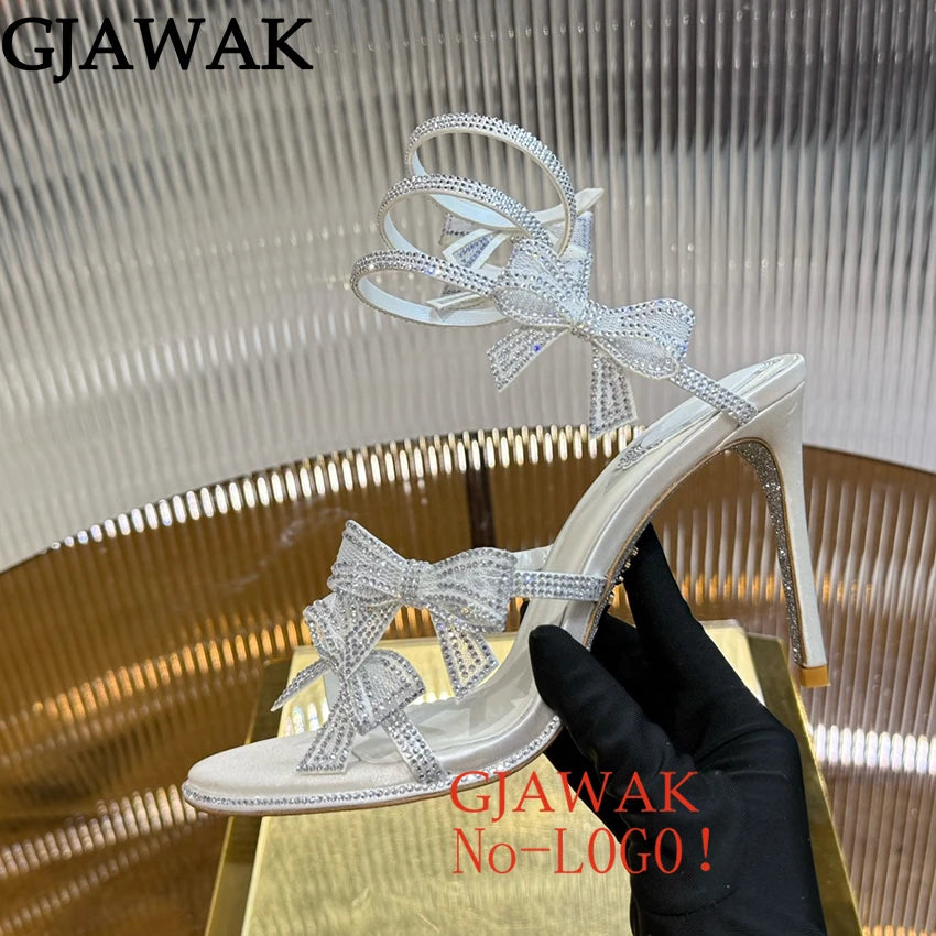 Summer Crystal Bowknot High Heels Sandals Woman Twine Around Ankle Snake Wedding Shoes For Woman Runway Gladiator Sandals Women