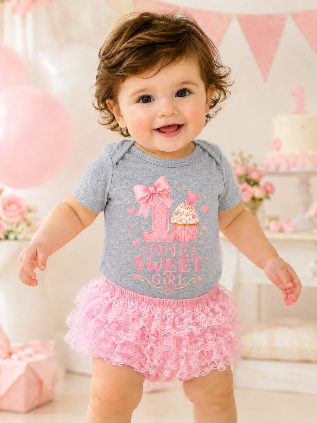 Baby Girl 1st Birthday Outfit One Sweet Girl Cupcake Print Short Sleeve Bodysuit Pink Lace Tutu Skirt 2Pcs Cake Smash Photo Shoo
