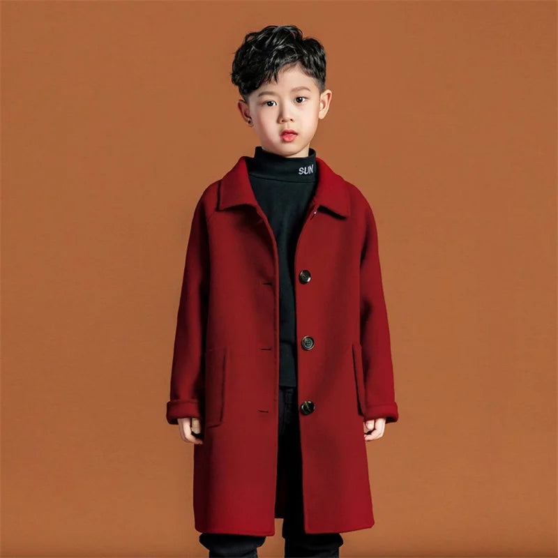 Boys Woolen Coat Overcoat Jacket Windbreak 2024 Red Warm Plus Thicken Autumn Winter Cotton School Children's Clothing