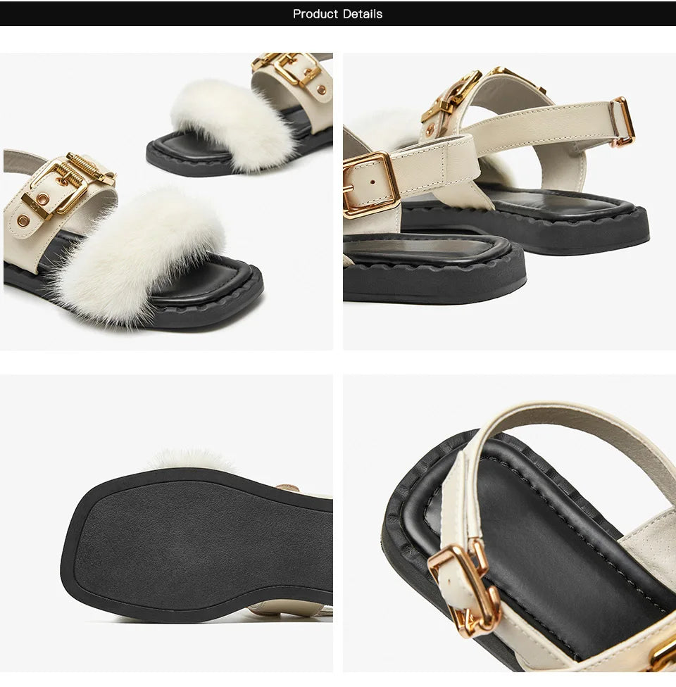 BeauToday Flat Sandals Women Cow Leather Square Toe Mink design Buckle Strap Elegant Female Furry Shoes Handmade 32372