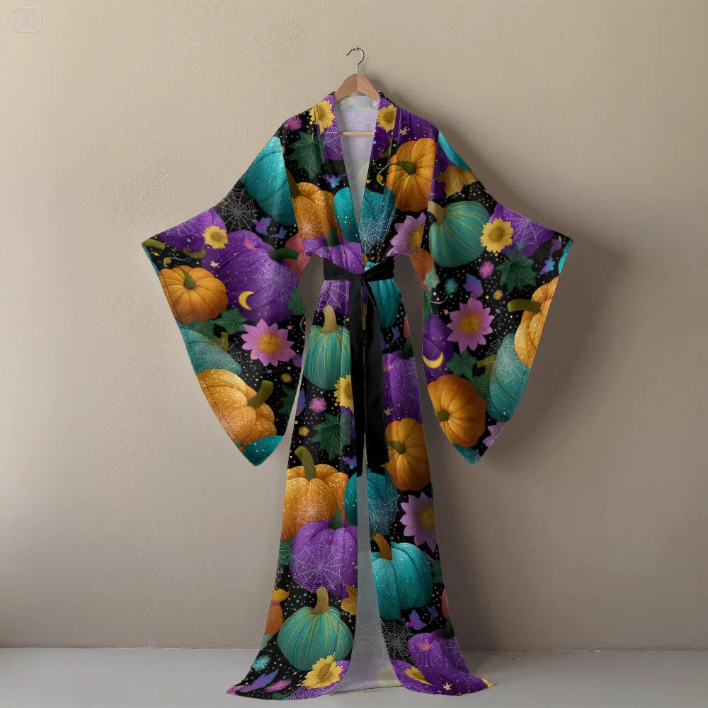 Halloween Sexy V-Neck Robe with Ghost Print High Slit & Bat Sleeves Kimono - Women's Party Costume Funny Cool Cosplay Wear