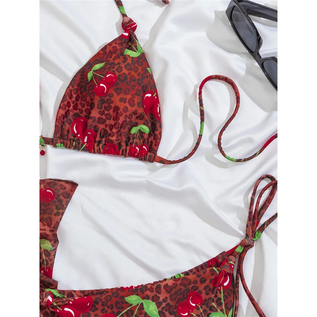 With Sarong Leopard Printed Bikini Women Swimwear Female Swimsuit Three-Pieces Bikini Set Halter Bather Bathing Suit Swim V7900