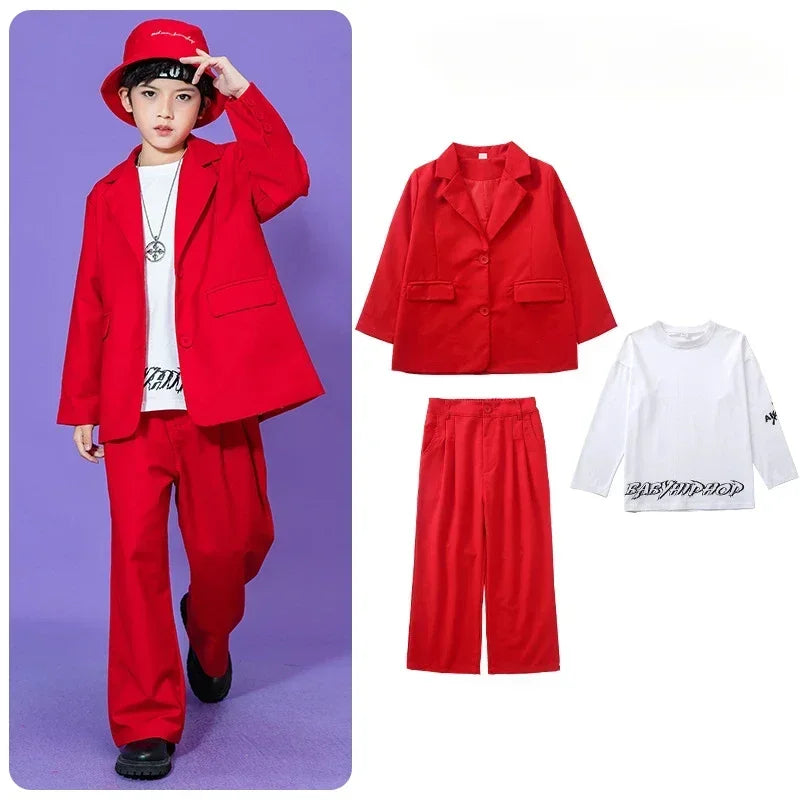 Kids Hip Hop Dance Costume Boys Girls Blazer Pants Set Streetwear Outfit for Stage Performance Competition Jazz Dance Photoshoot