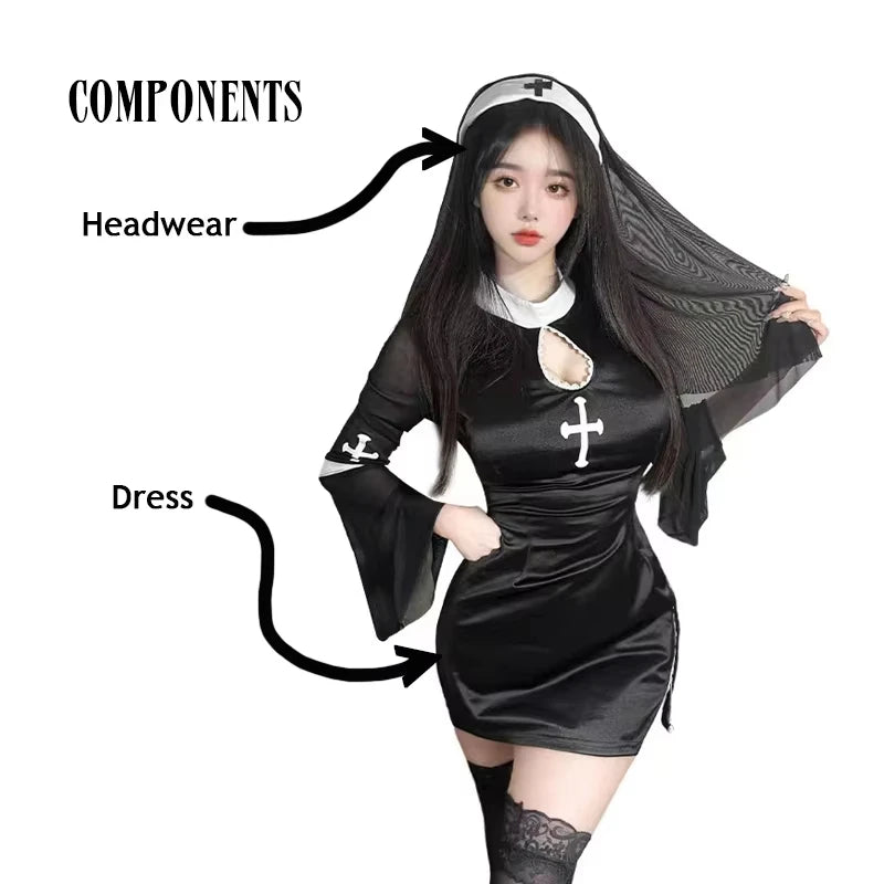 2026 Halloween Costumes For Women Nun Cosplay Dress Gothic Sexy Tempting Uniform Party Performance Clothing Horror Movie Prop