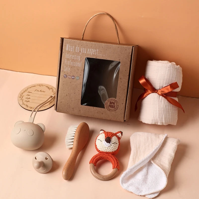 Baby Bathing Mouth Water Towel Pacifier Set Baby Full Moon Milestone Cards Wood Ring Rattle Bath Towel Wool Brush Birthday Gifts