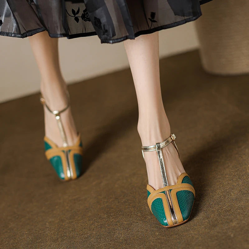 Dilalula 2025 Fashion T-Strap Genuine Leather Sandals Women Covered Toe Mixed Color Summer Dress Shoes Ladies Party French Style