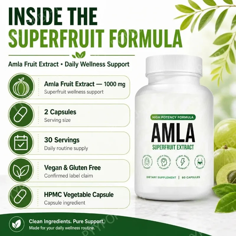 Amla Fruit Extract 1000mg Capsules Superfruit Supplement Energy Support 60 Capsules 30 Servings Vegan Non-GMO Gluten Free