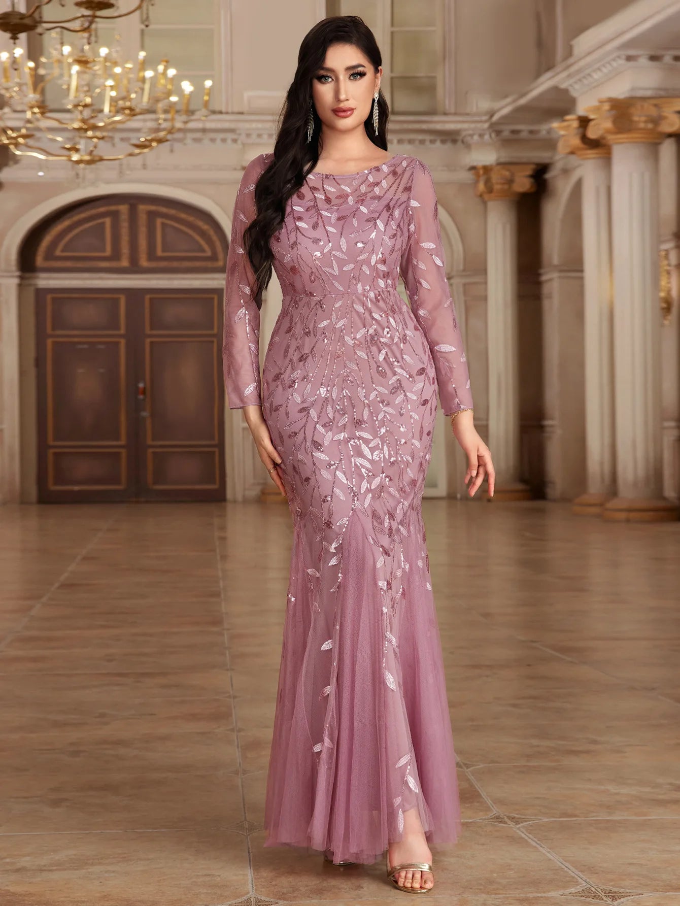 Elegant Round Neck Sequined Mermaid Long Formal Evening Dress With Long Sleeves