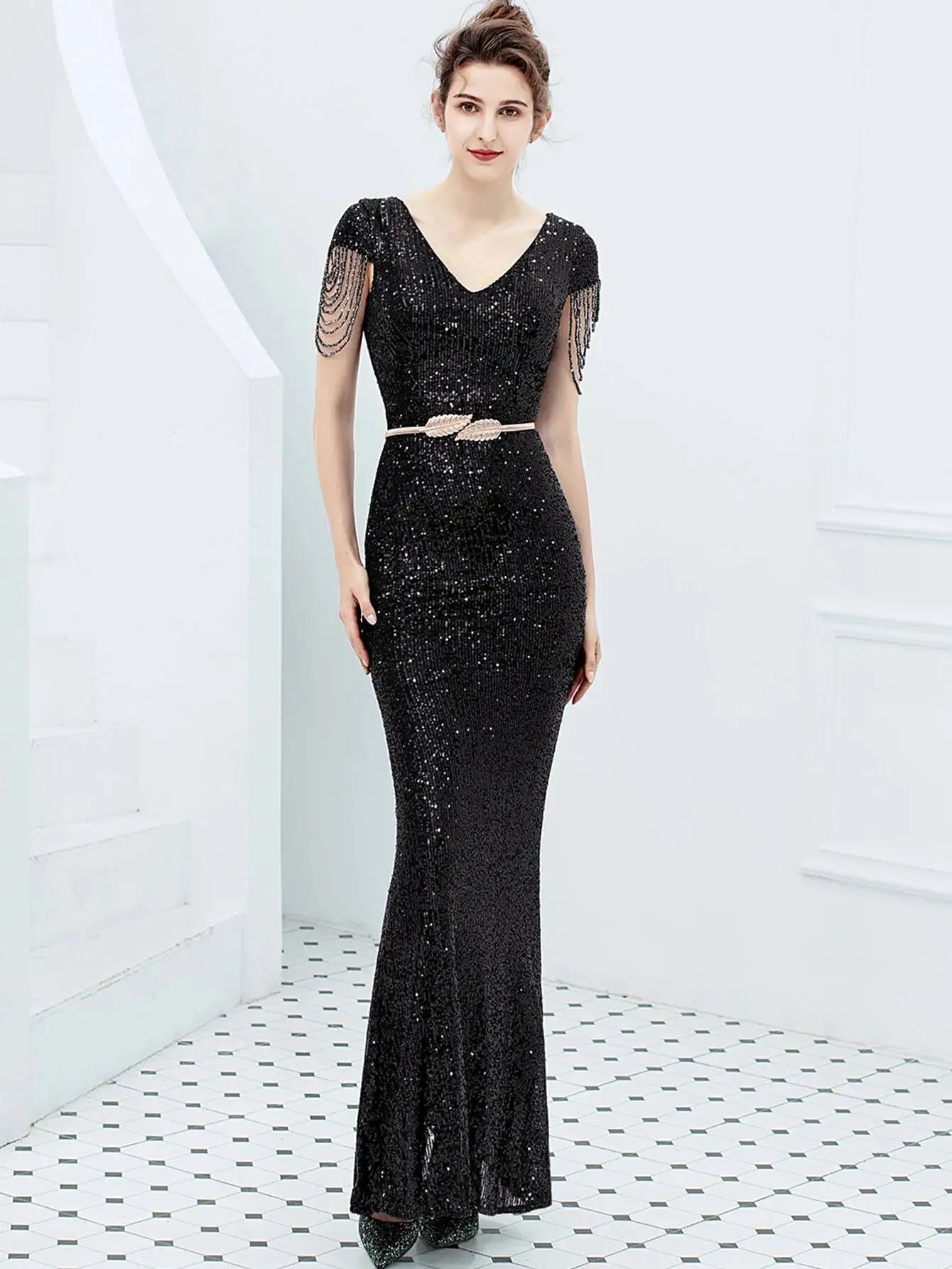 Sexy vintage maxi black sequin summer dress women 2025 elegant luxury birthday party long dresses fishtail evening dress vestido