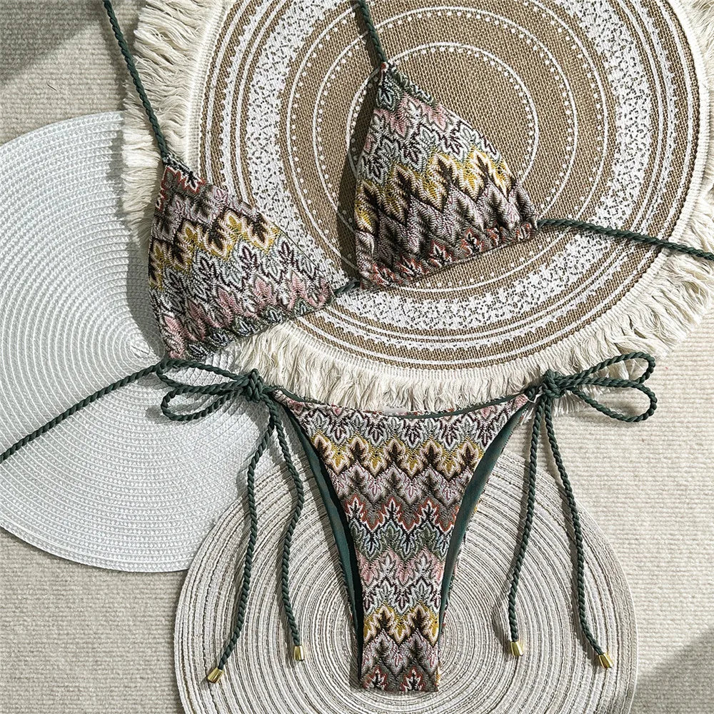 Sexy Halter String Triangle Bikinis Sets Micro Thong Swimsuit Women 2026 Vintage Geometric Swimwear Bathing Suti Bikini Mujer